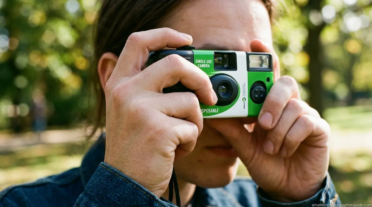 Person holding a disposable camera with thumb on the film advance wheel