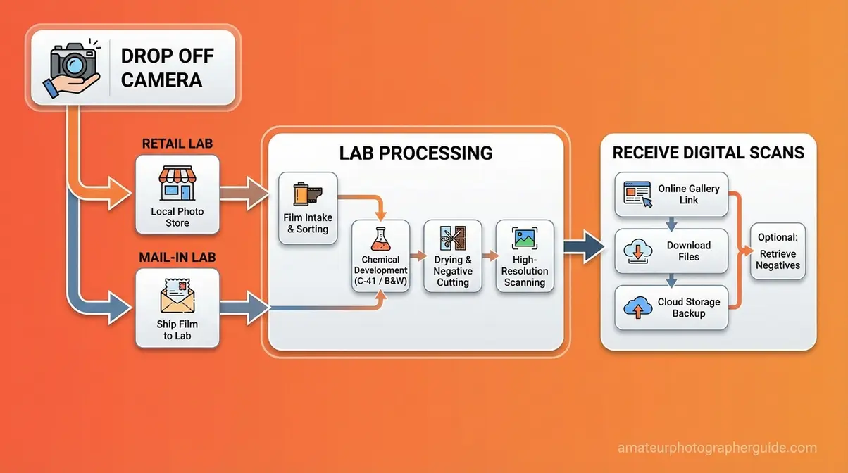 Flowchart showing the path from dropping off a disposable camera to receiving digital scans, including retail vs. mail-in lab options