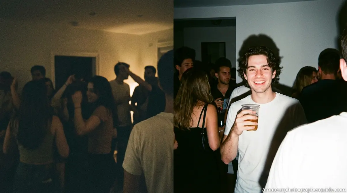 Side-by-side comparison of disposable camera photo taken with flash versus without flash in the same indoor setting