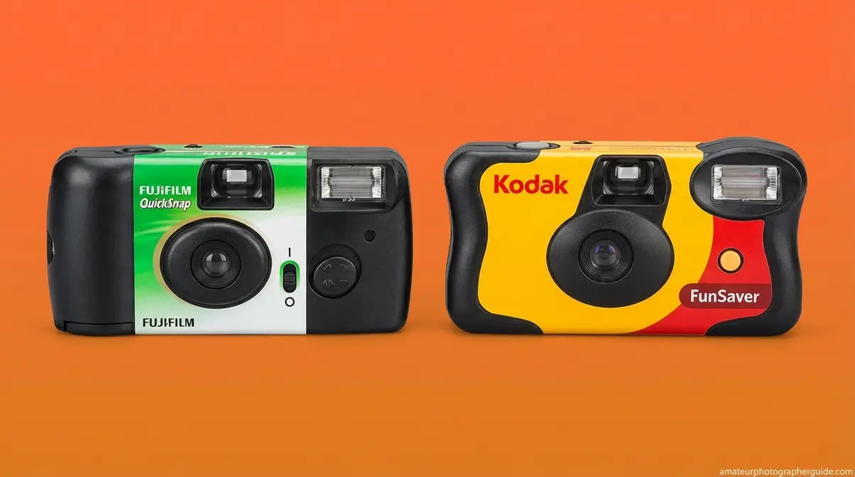 Side-by-side photo of Fujifilm QuickSnap and Kodak FunSaver disposable cameras showing physical differences in flash controls