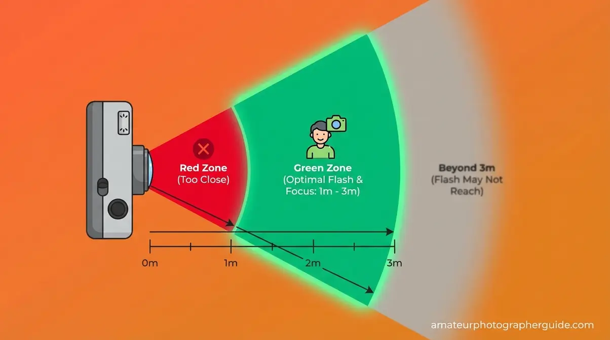 Diagram showing disposable camera optimal shooting range of 1 to 4 meters with subject positioning guide