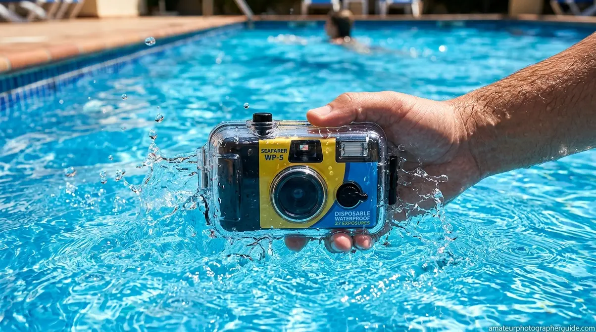 Waterproof disposable camera partially submerged in a clear blue swimming pool
