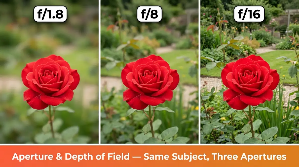 Three side-by-side photos showing depth of field at f/1.8 blurred background, f/8 partial blur, and f/16 sharp background to illustrate aperture for DSLR beginners