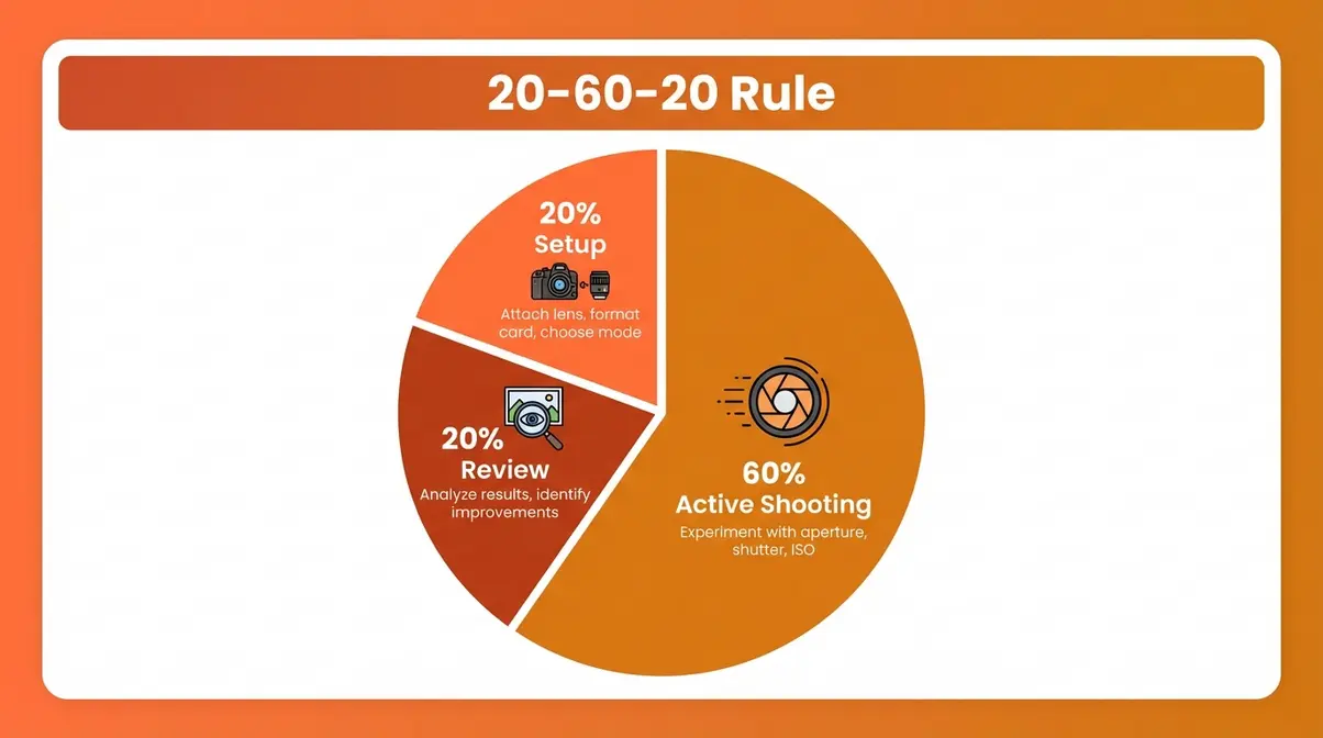 Infographic showing the 20-60-20 Rule for learning how to use a DSLR camera with three segments showing Setup, Shooting, and Review phases