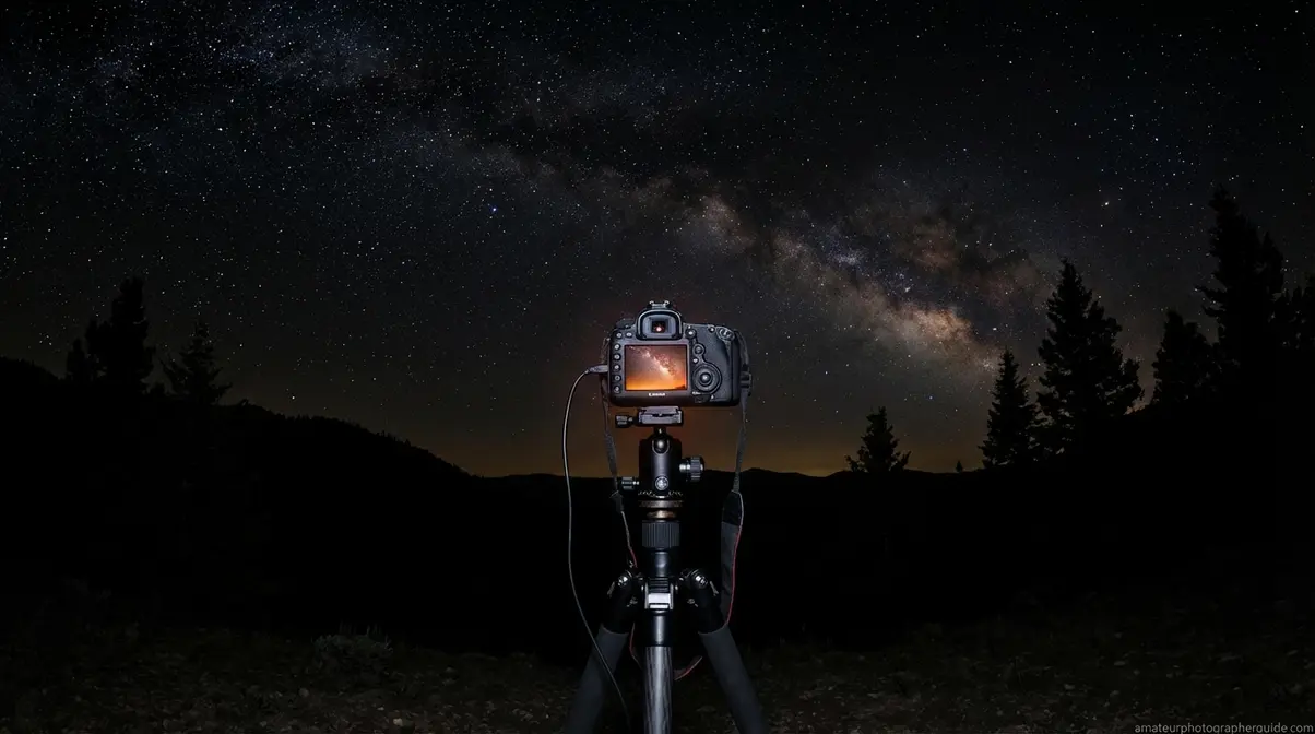 DSLR camera on tripod outdoors at night pointed at Milky Way for astrophotography with remote shutter release