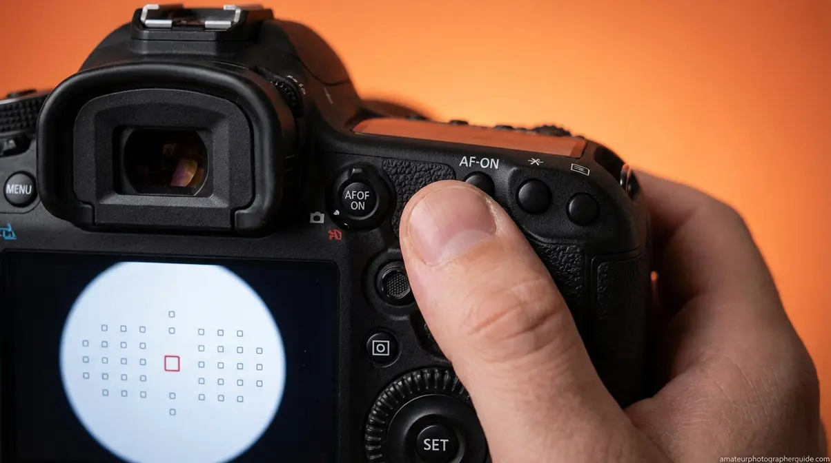 Thumb pressing the AF-ON back-button focus button on the rear of a DSLR camera showing the focus control technique