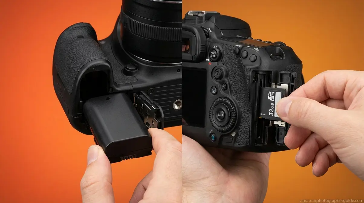 Split photo showing hands inserting a battery and SD card into a DSLR camera body in correct orientation