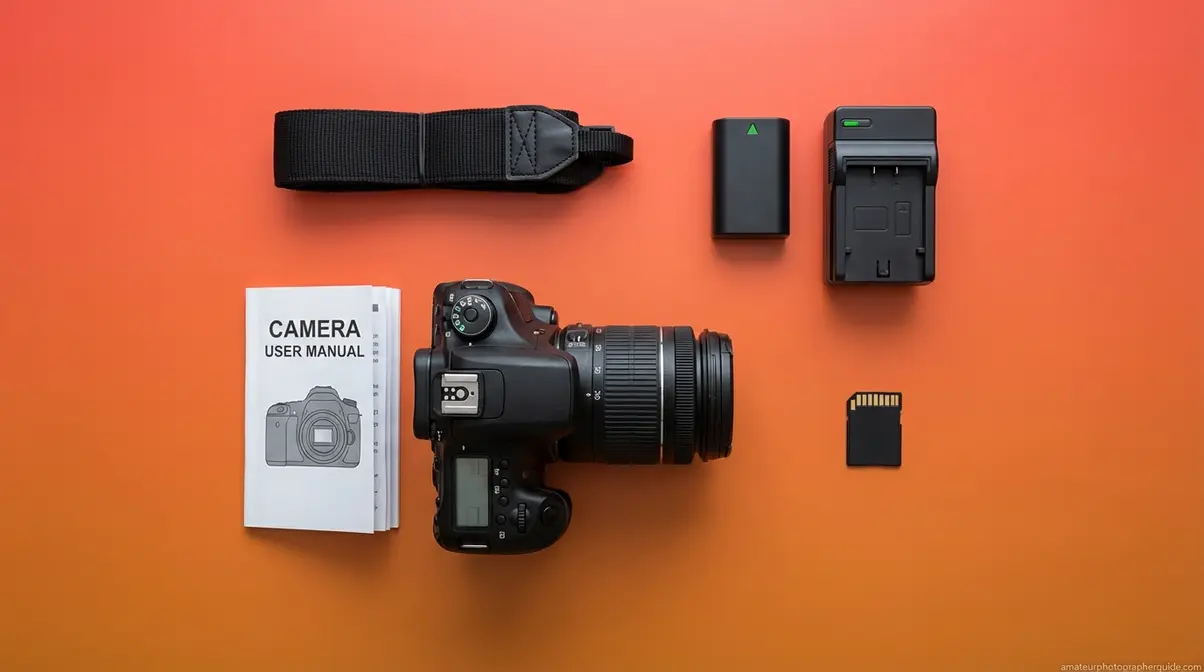 Five essential DSLR beginner items arranged in flat-lay including camera body, battery, SD card, strap, and manual
