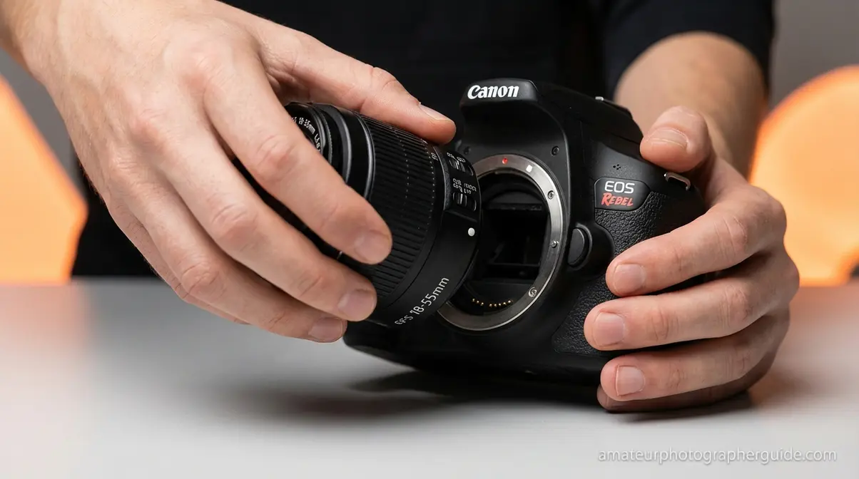 Hands attaching a kit lens to a Canon DSLR camera body showing the alignment dot and mount connection