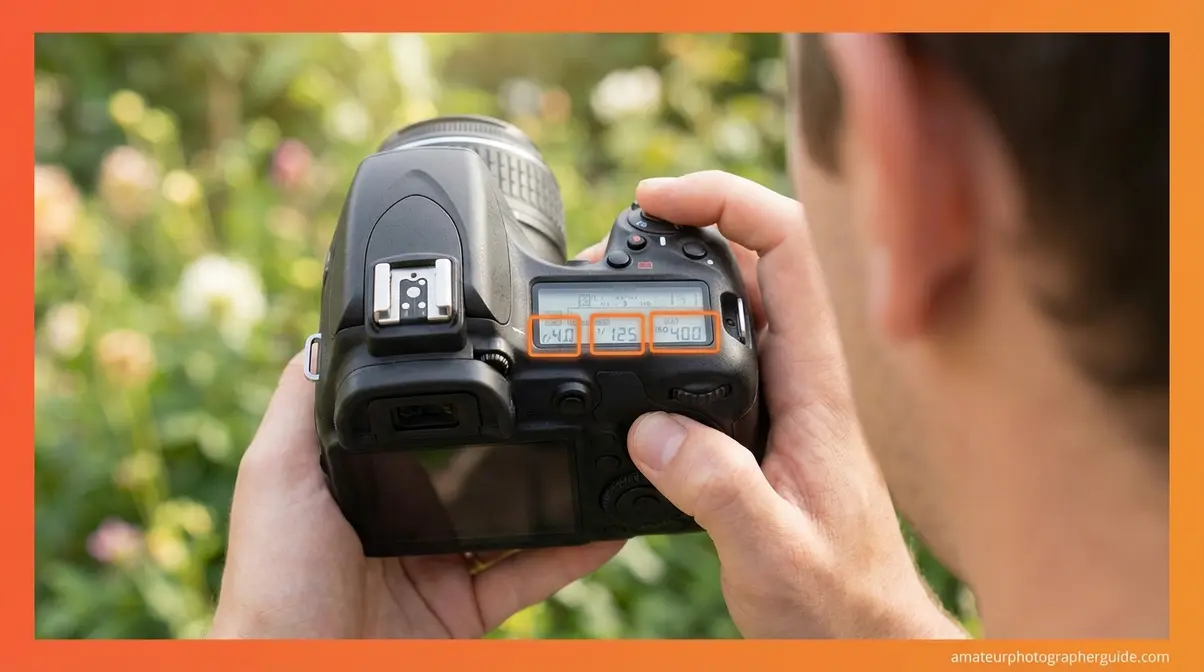 Photographer holding DSLR camera showing aperture, shutter speed, and ISO exposure triangle settings in viewfinder display