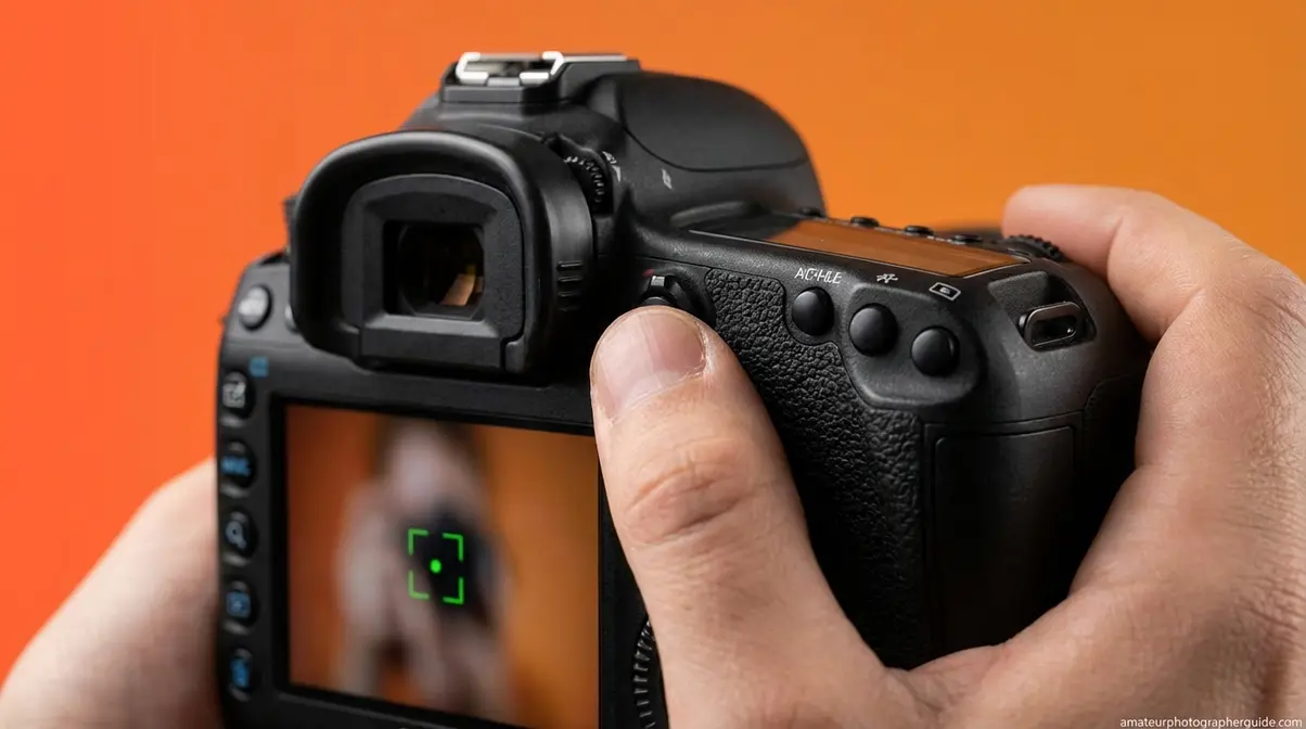 Hand demonstrating the DSLR half-press shutter button technique to lock focus before capturing a photo