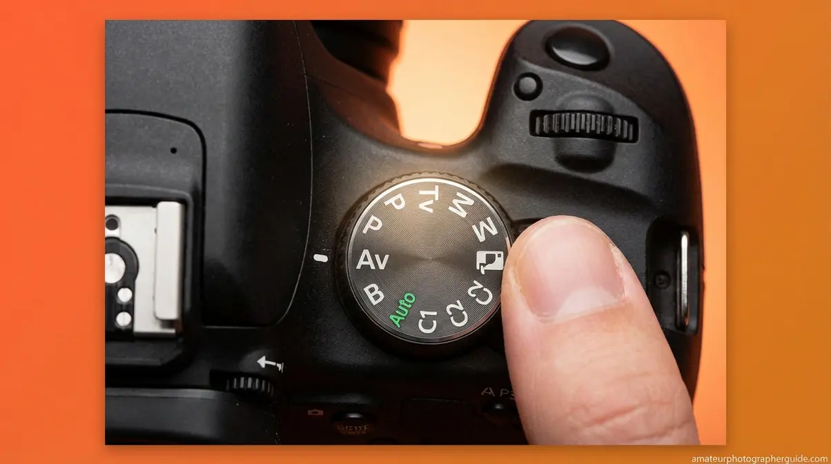 DSLR camera top plate with mode dial set to Av aperture priority mode showing surrounding shooting modes
