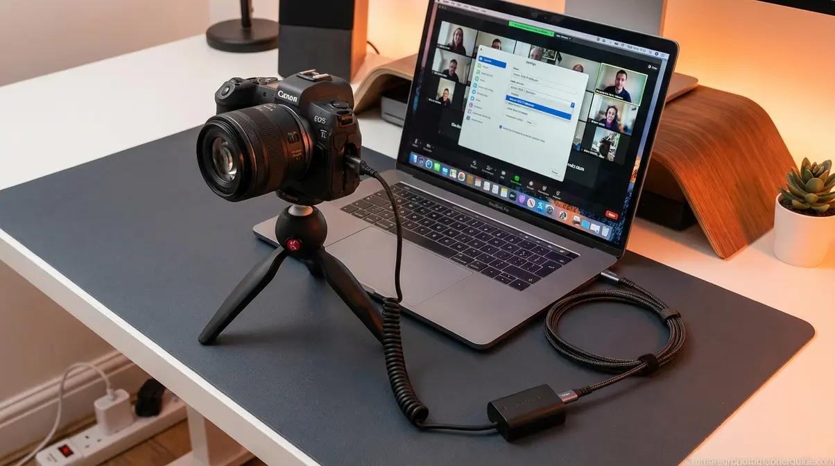 DSLR camera mounted on tripod connected via USB to laptop showing video call setup for use as a webcam