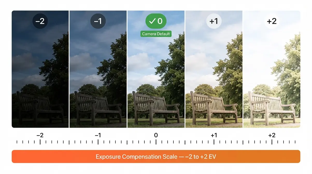 Five-photo strip showing exposure compensation from minus 2 to plus 2 EV demonstrating the practical effect of exposure compensation on a DSLR camera