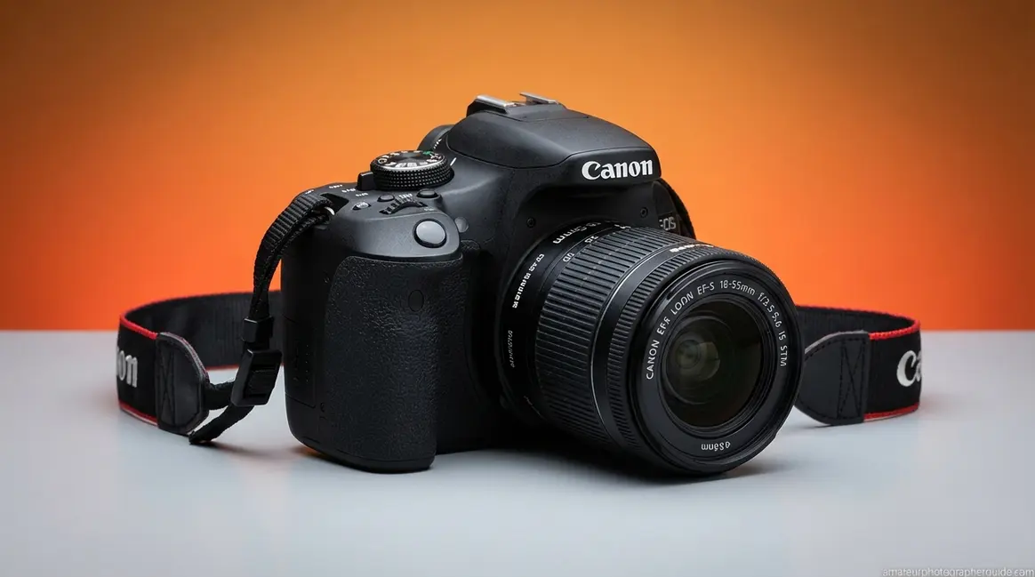 Beginner learning how to use a DSLR camera with kit lens on orange studio background