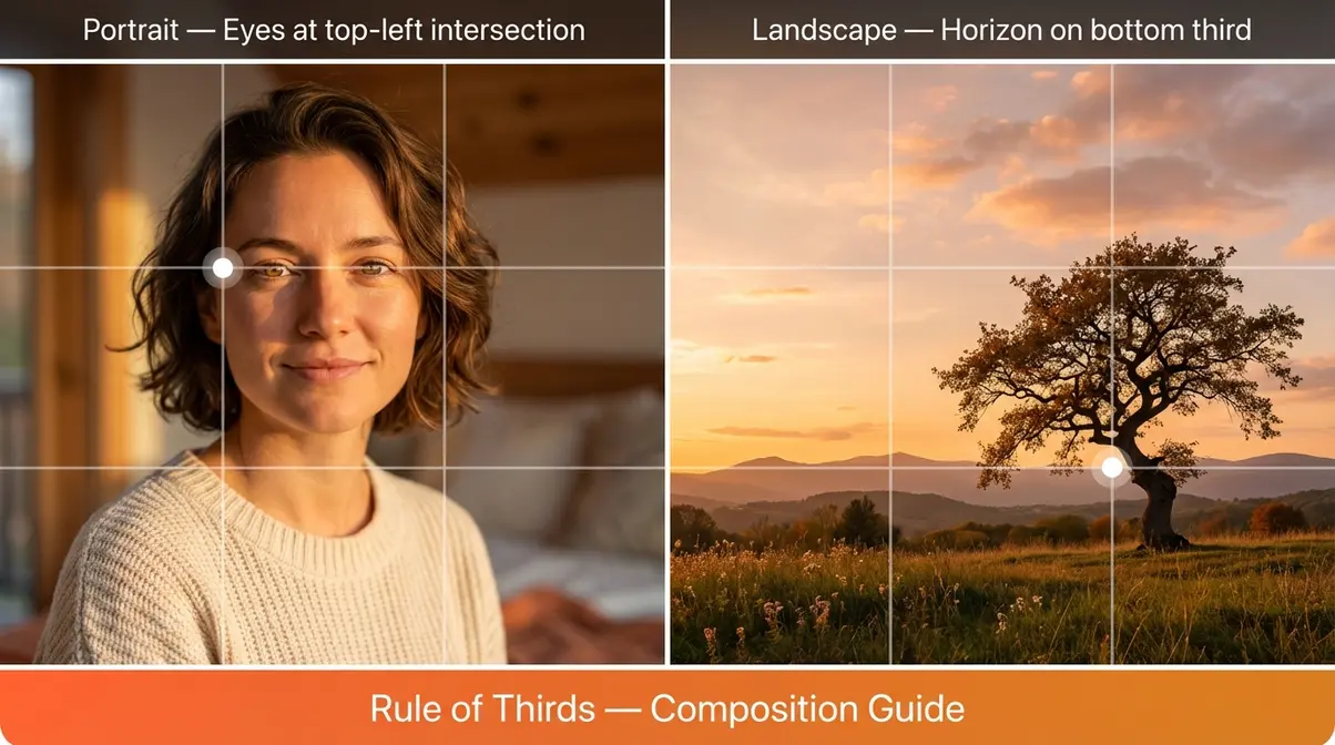Side-by-side photos showing Rule of Thirds grid overlay applied to a portrait and landscape demonstrating subject placement at grid intersections for DSLR composition