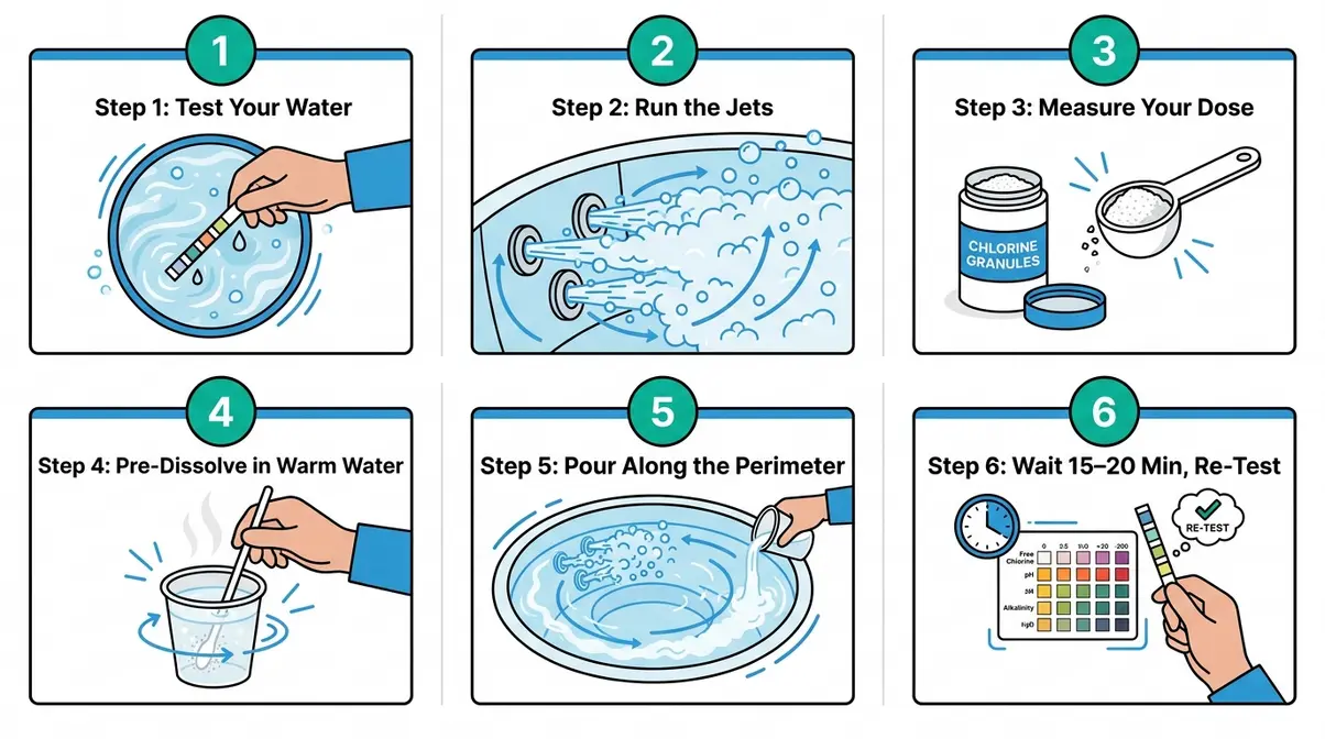 How to add chlorine granules to a hot tub six-step illustrated diagram from testing to re-testing