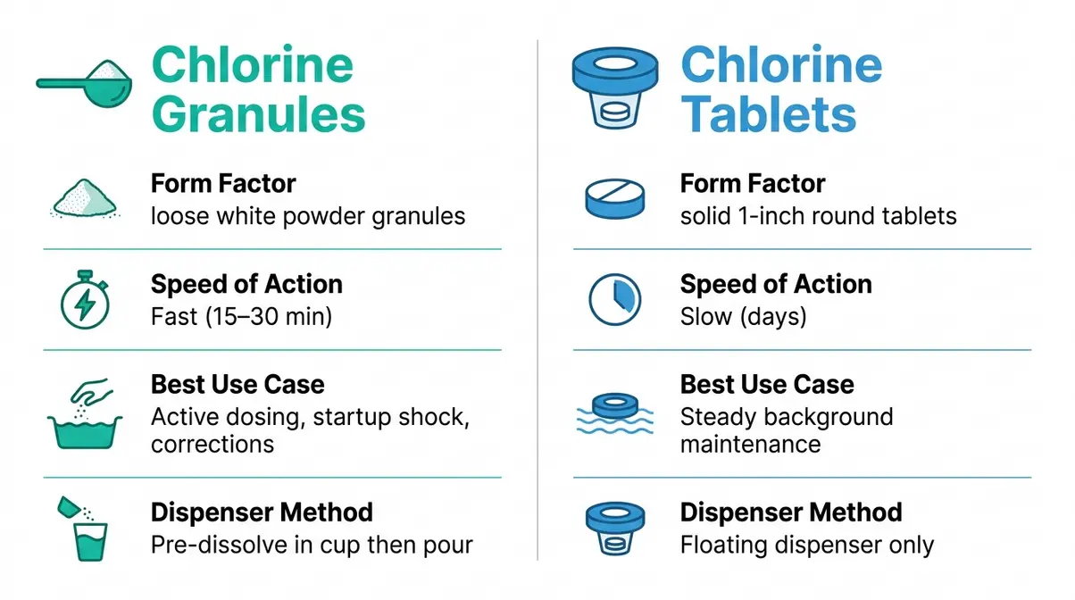 Chlorine granules versus tablets hot tub comparison chart showing speed, use case, and dispenser method