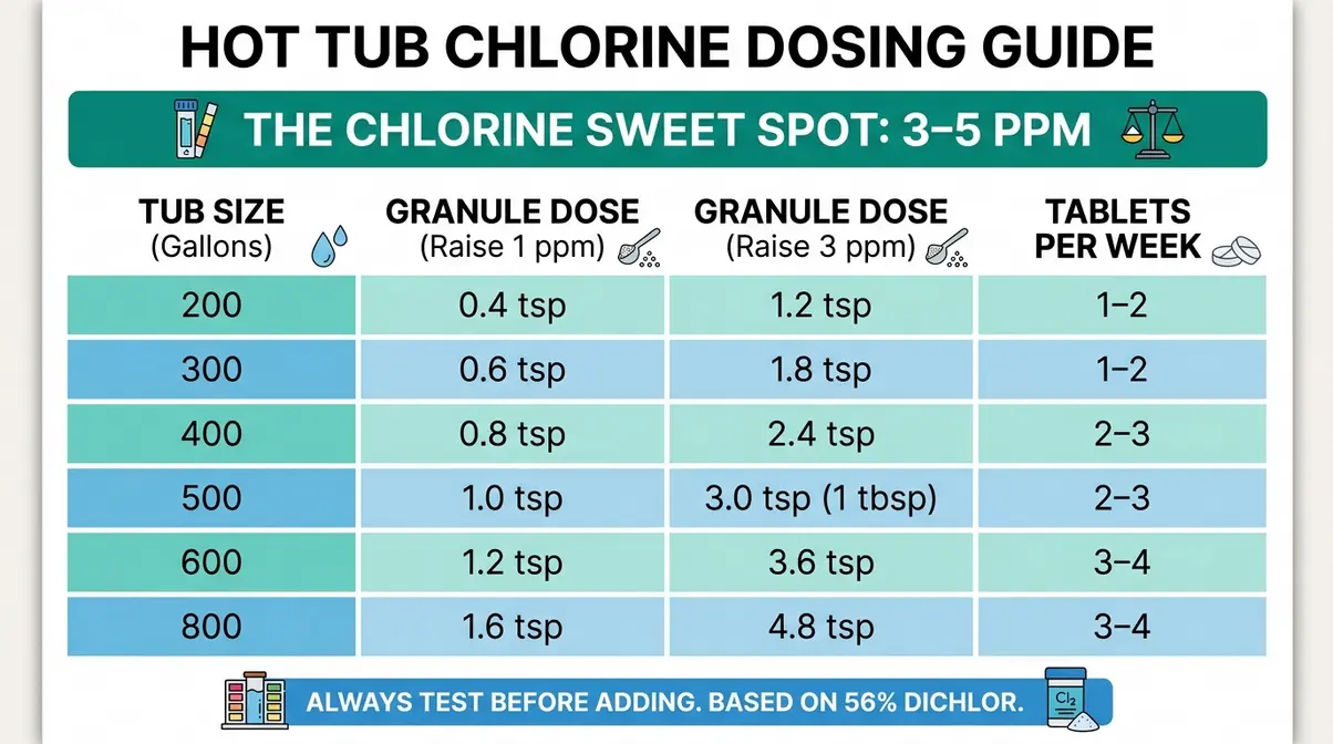 Hot tub chlorine dosing cheat sheet showing granule and tablet amounts by tub size from 200 to 800 gallons