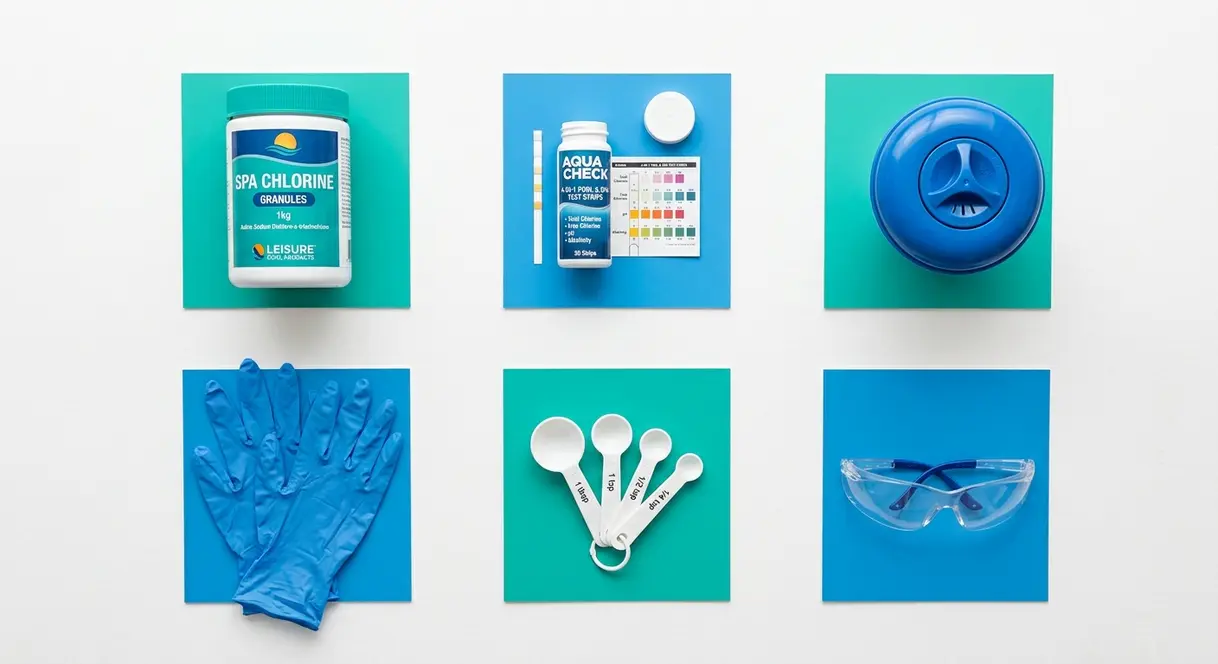 Essential hot tub chlorine supplies including Dichlor granules, test strips, floating dispenser, and protective gloves