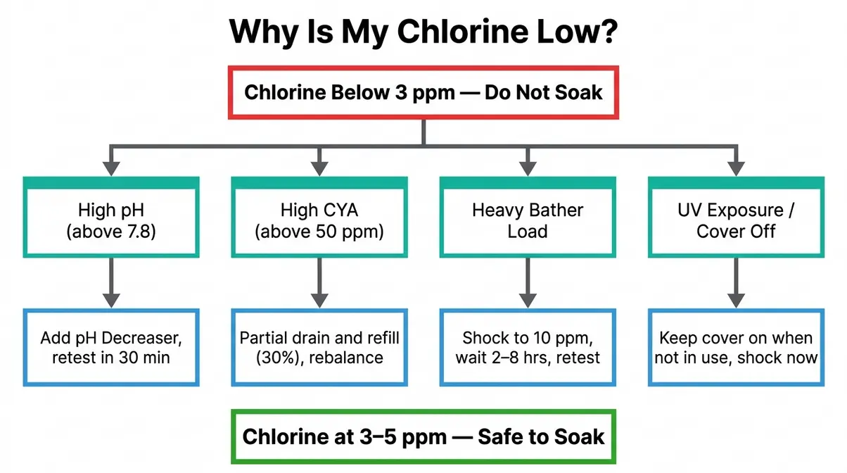 Hot tub chlorine troubleshooting flowchart showing why chlorine is low and corrective actions for each cause