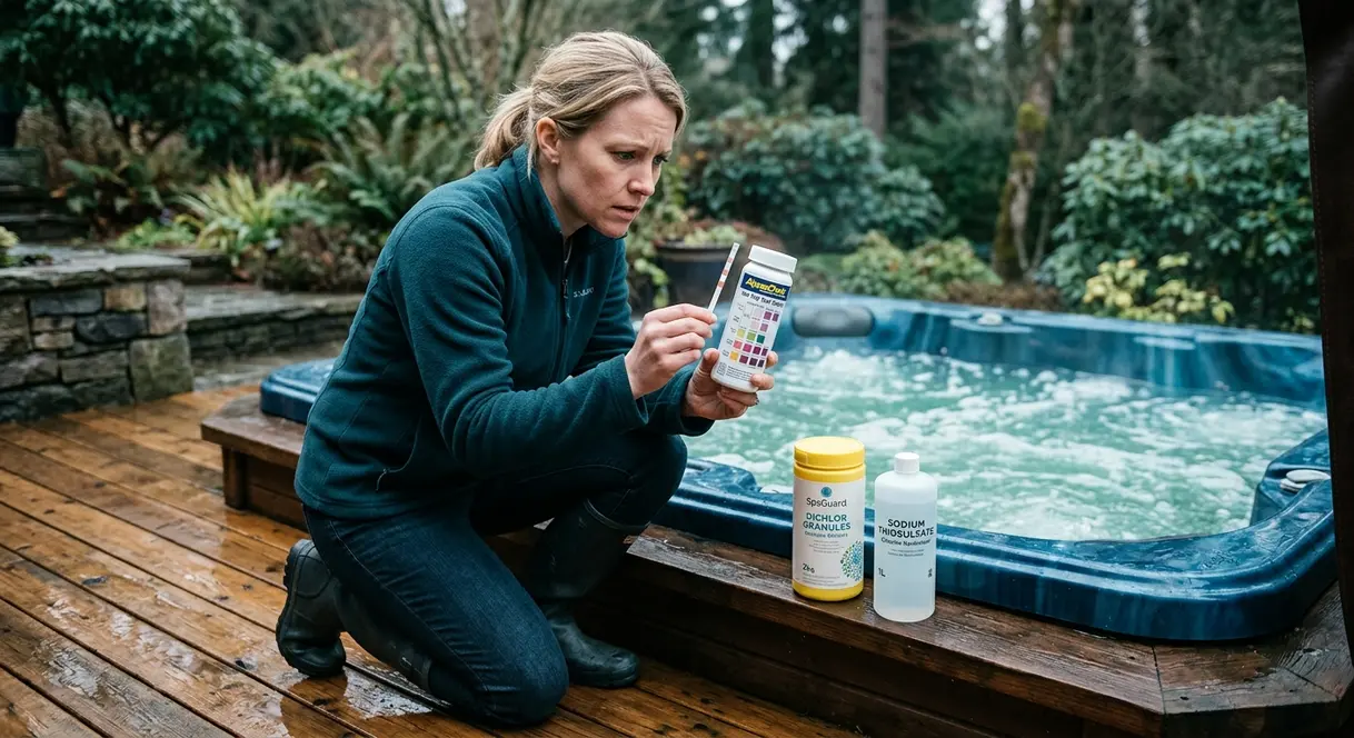 Hot tub owner testing cloudy water with test strip showing low chlorine reading during troubleshooting