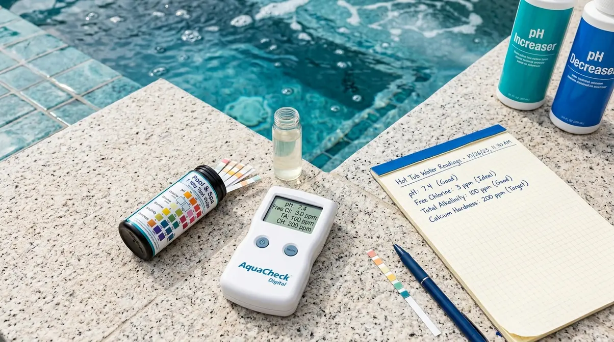 Hot tub water chemistry testing with test strips, pH adjusters, and parameter readings on a notepad