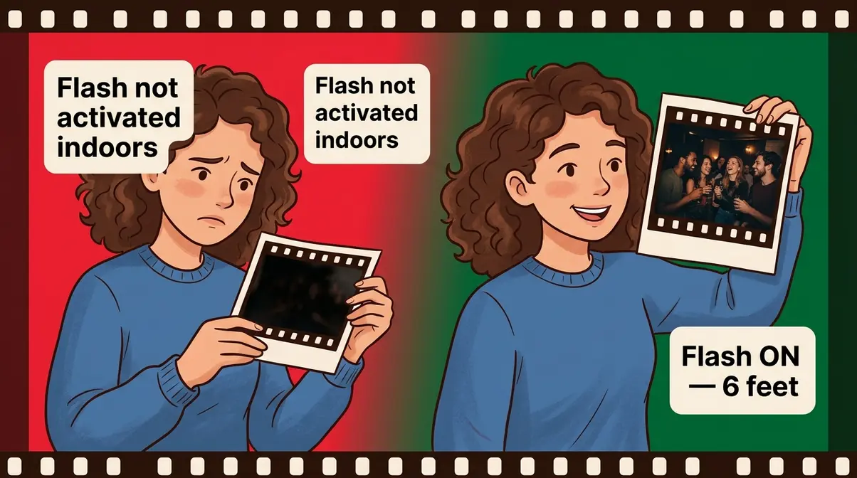 Comparison illustration of common Fujifilm disposable camera mistake — dark photo from missing flash vs correct bright result