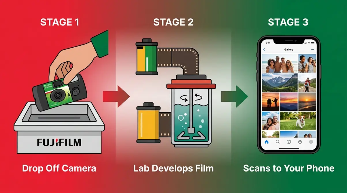 Three-stage illustration of Fujifilm disposable camera film development workflow from drop-off to phone delivery