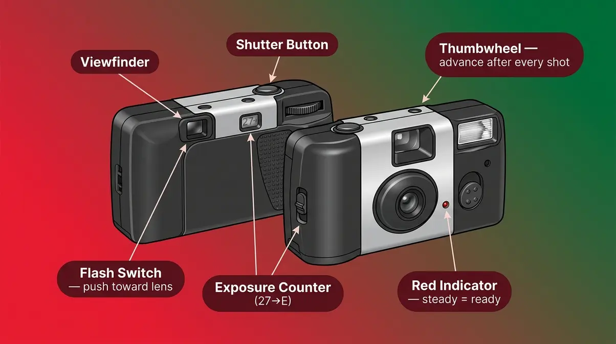 Labeled diagram showing how to use a Fujifilm disposable camera with all controls identified
