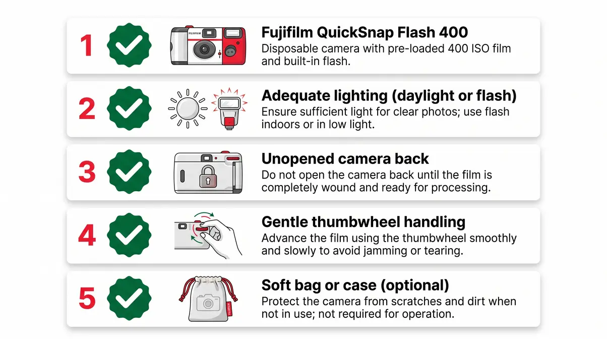 Visual checklist of five items needed before shooting a Fujifilm disposable camera