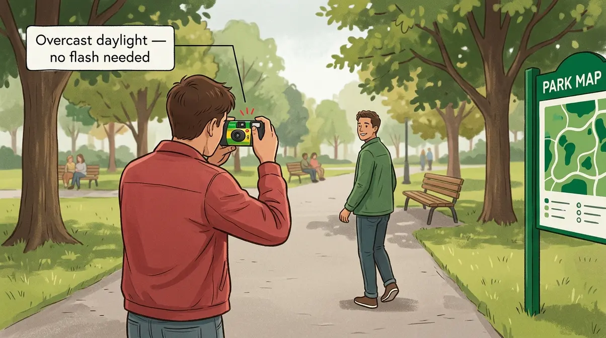 Person using Fujifilm QuickSnap disposable camera outdoors in overcast daylight without flash