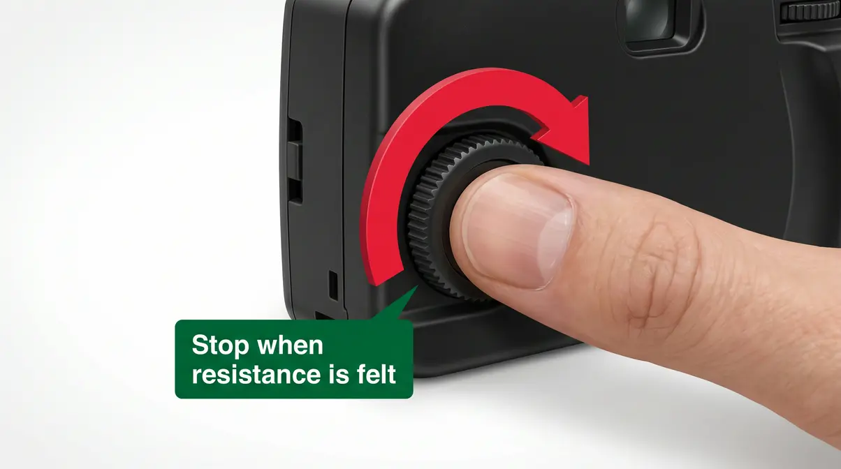 Illustration showing how to wind the Fujifilm QuickSnap thumbwheel to advance film before shooting