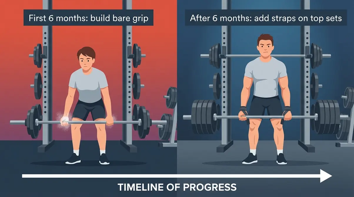 Split illustration showing beginner lifter using bare hands first then progressing to lifting straps after six months of training