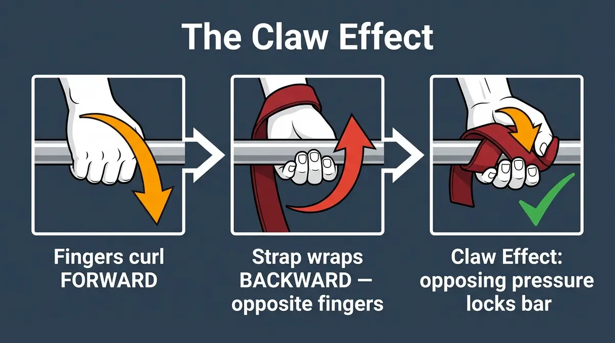 Step-by-step infographic of the claw effect showing lifting strap wrapping direction opposite to finger curl during deadlift setup
