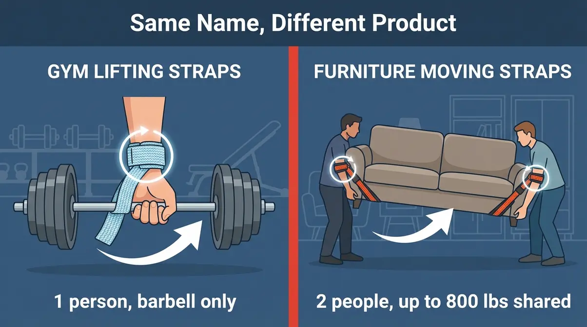 Side-by-side comparison illustration distinguishing gym lifting straps from furniture moving straps showing different users and load mechanisms