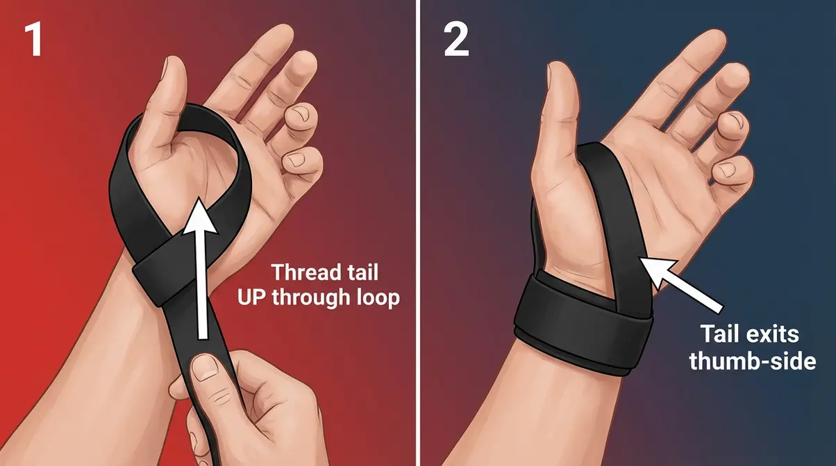 Close-up diagram showing correct lifting strap loop threading onto wrist with tail between thumb and index finger