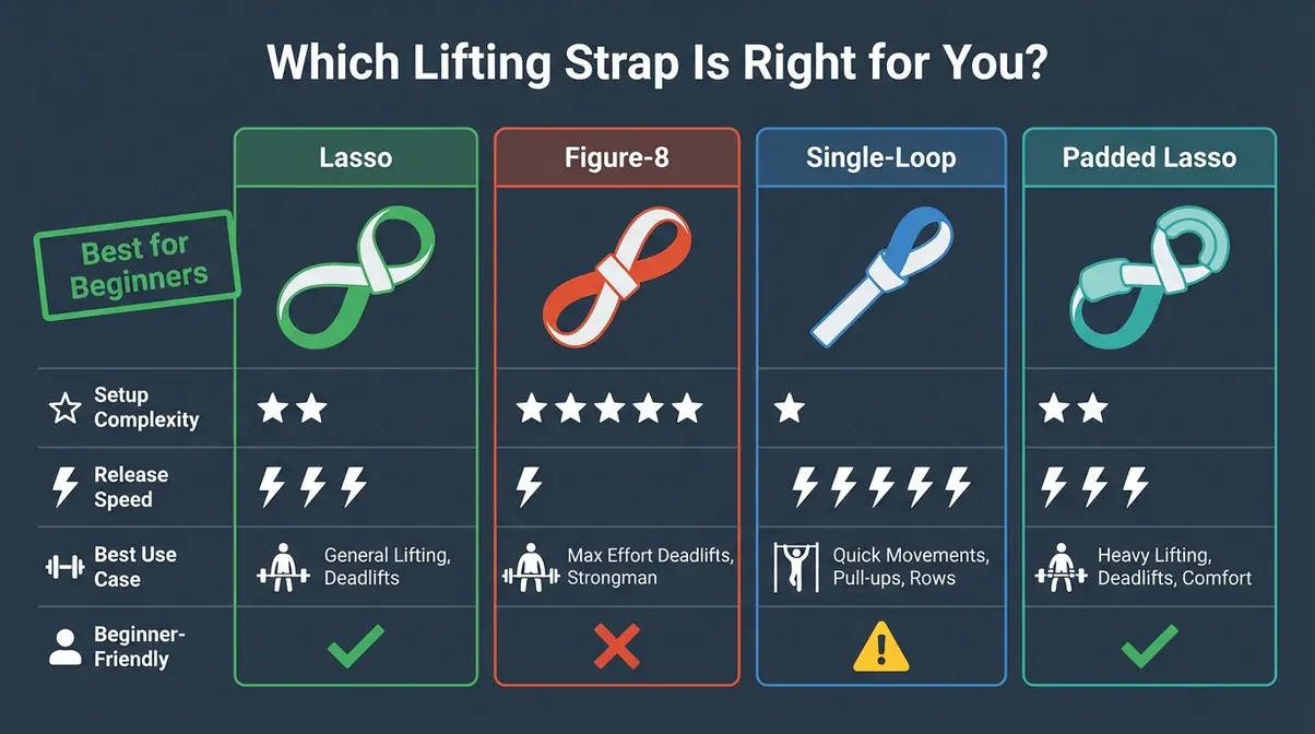 Visual comparison matrix showing lasso, figure-8, single-loop, and padded lifting straps side by side with setup and use ratings