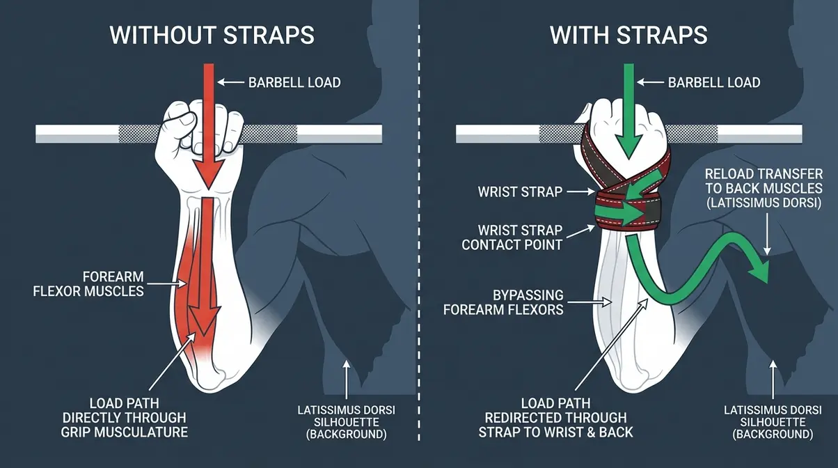 Anatomy diagram showing how lifting straps redirect load from forearm flexors to wrist during a deadlift