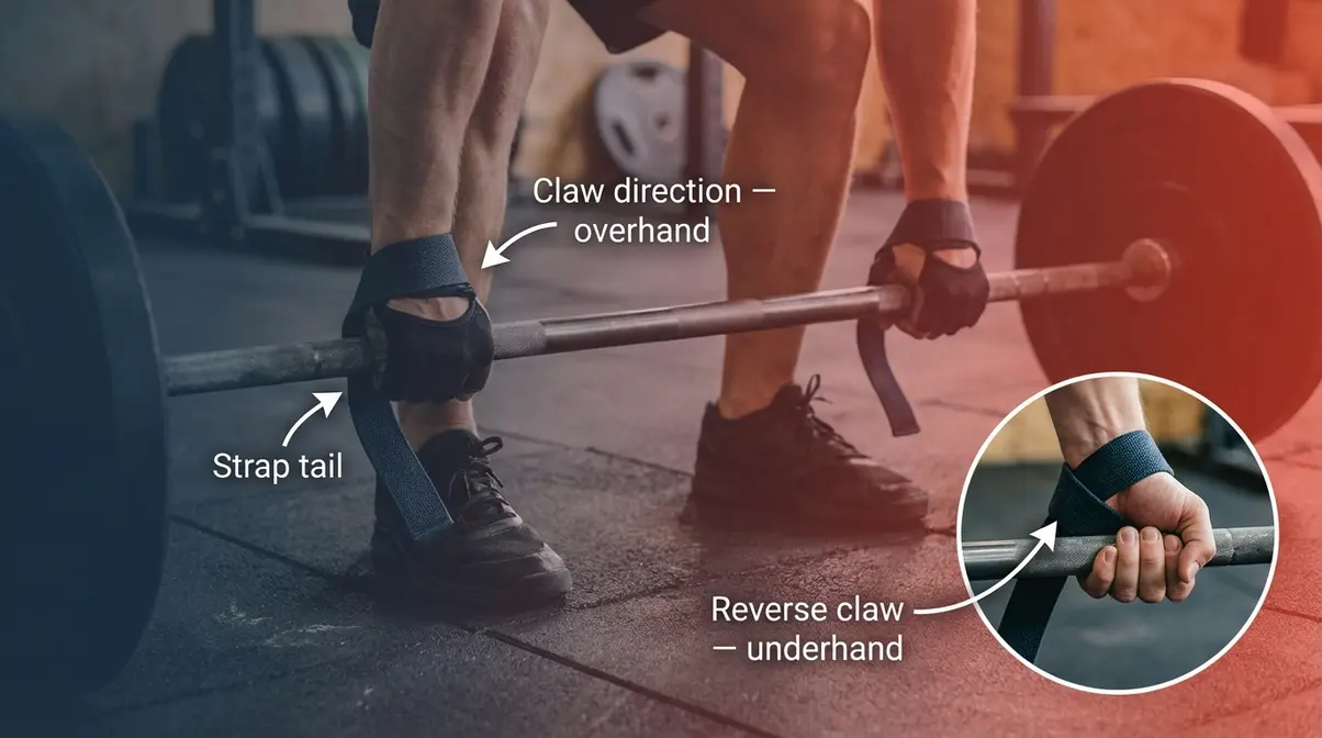 Lifting straps applied to a barbell row showing claw wrap direction for both overhand and underhand grip positions