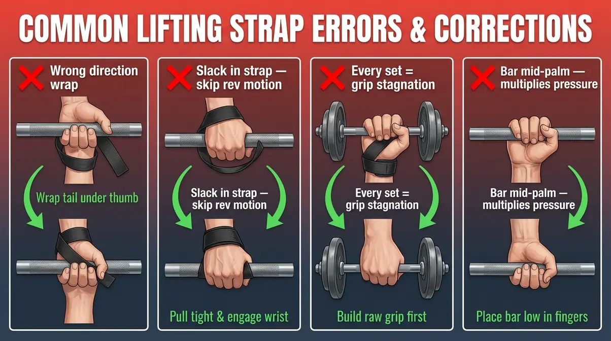 Infographic showing four common lifting strap beginner mistakes including wrong wrap direction and slack left in strap