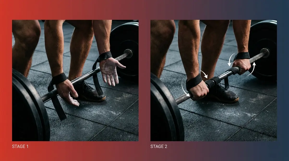 Lifting strap setup for deadlift showing two-stage wrist positioning and claw wrap applied to loaded barbell