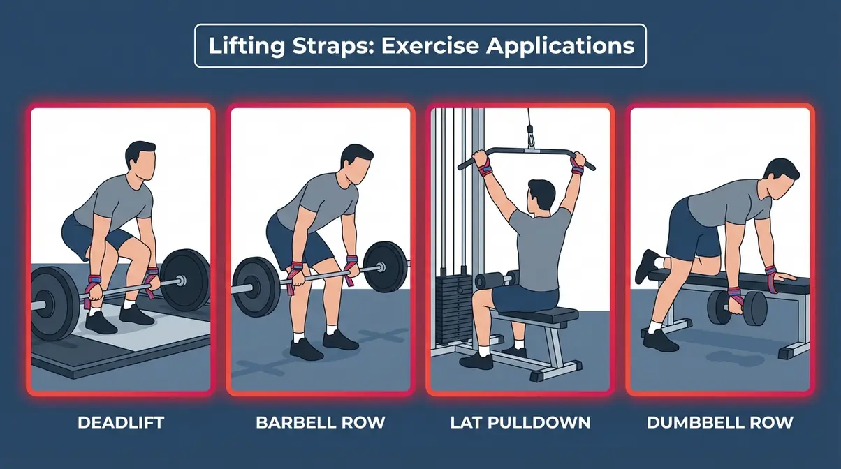 Four-panel illustration showing how to use lifting straps for deadlift, barbell row, lat pulldown, and dumbbell row exercises