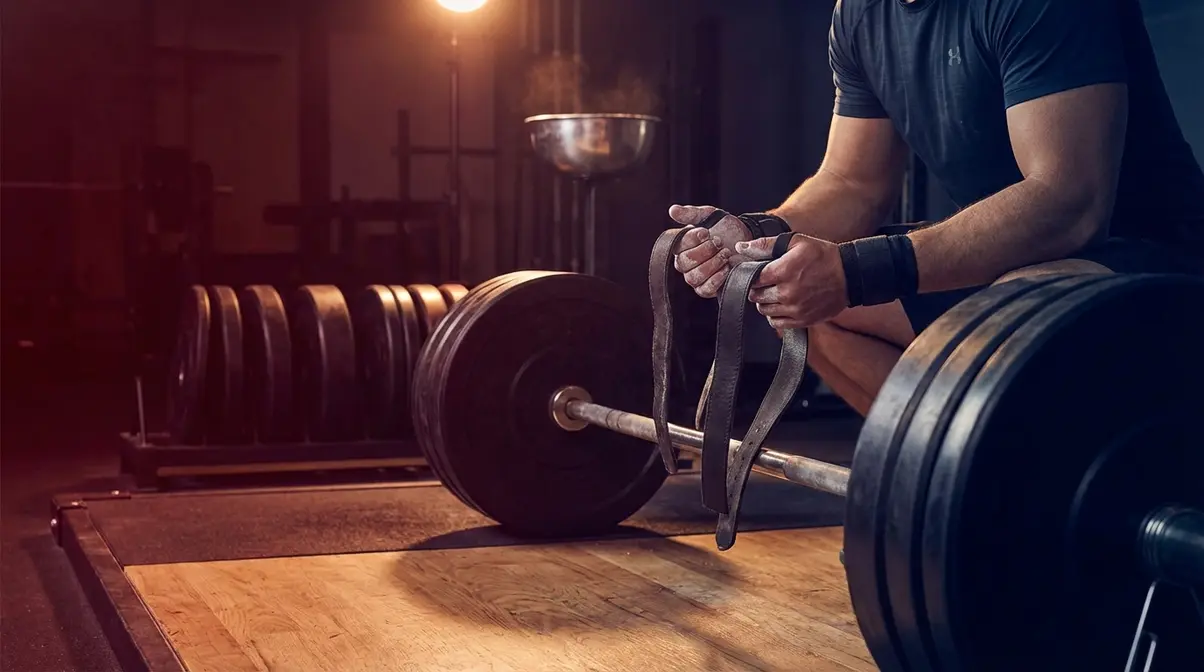 Athlete holding lifting straps at a loaded barbell deciding when to use them for a heavy deadlift set