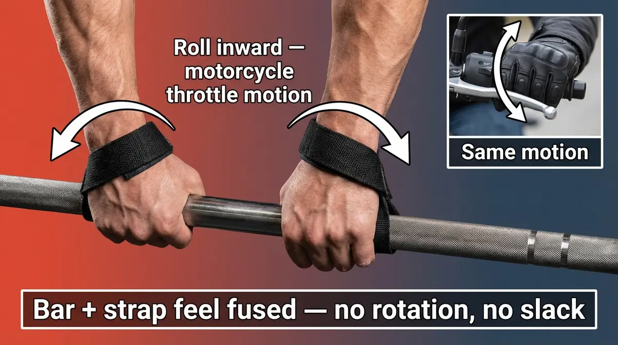 Close-up diagram demonstrating the motorcycle rev wrist-rolling tightening motion on a barbell with lifting straps