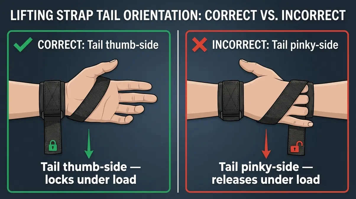 Lifting strap tail orientation infographic showing correct thumb-side in green and incorrect pinky-side in red