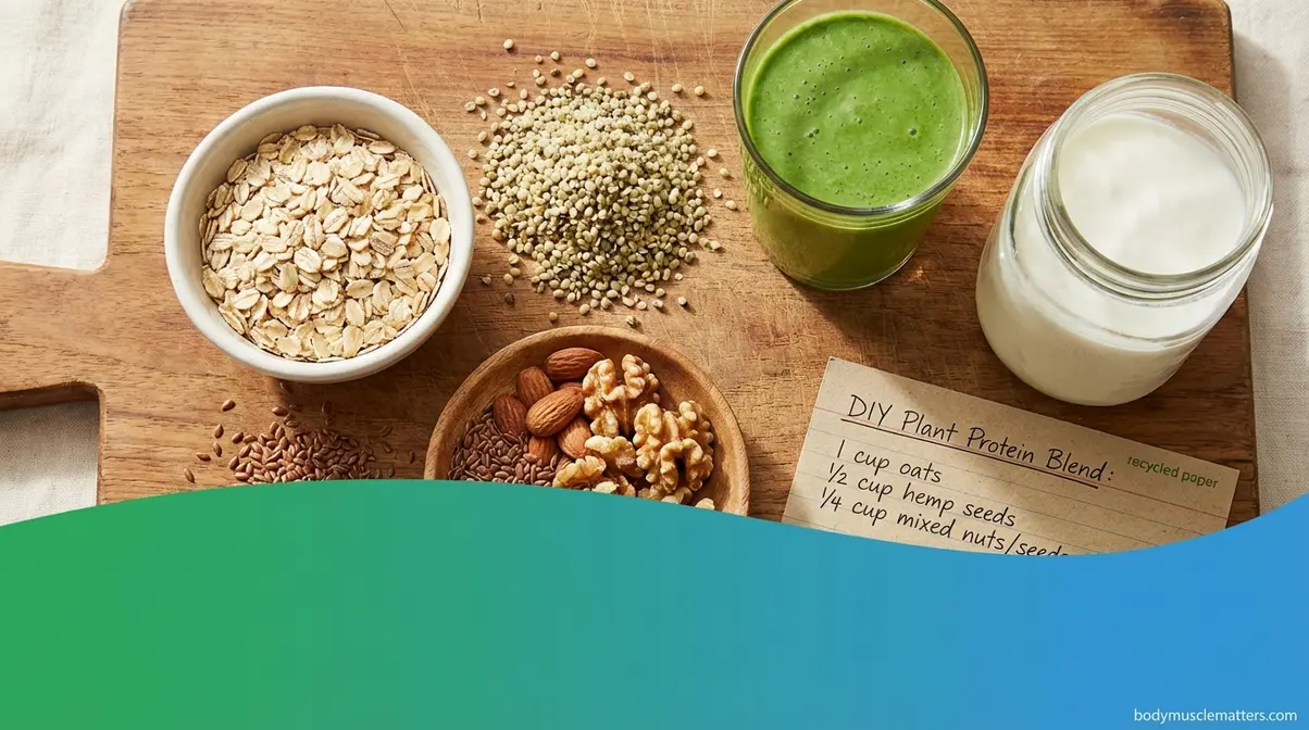 Plant-based protein powder ingredients including hemp seeds, oats, and mixed nuts for homemade muscle-building nutrition
