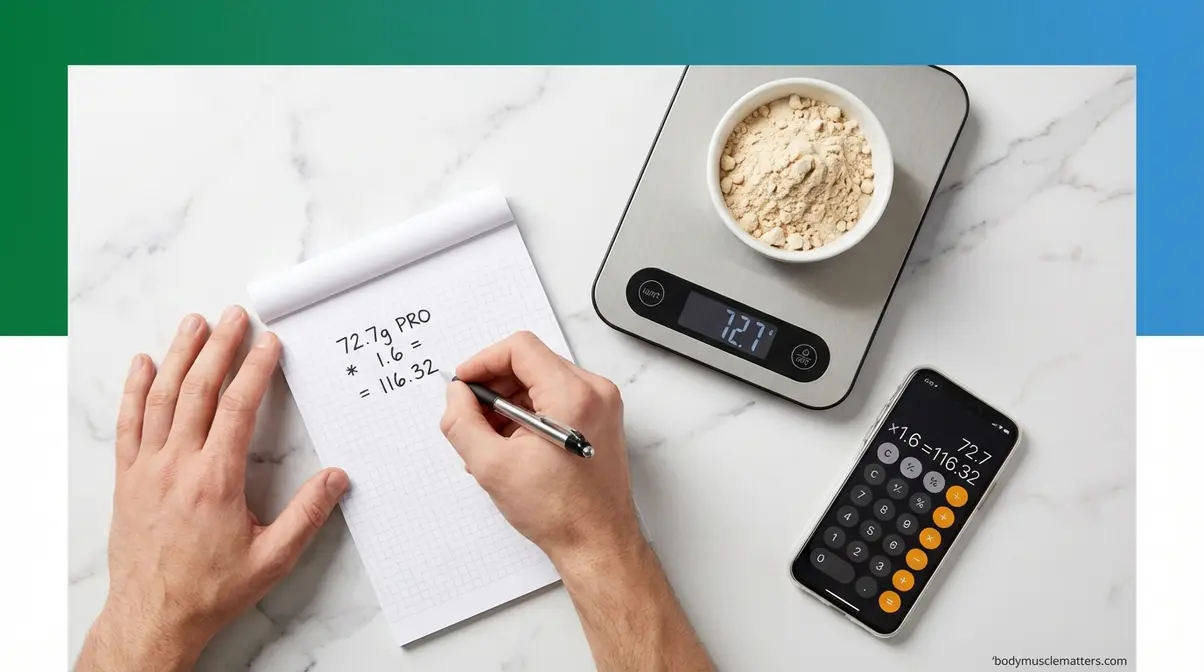 Protein dosage calculation for muscle building using body weight in kilograms with notepad and scale