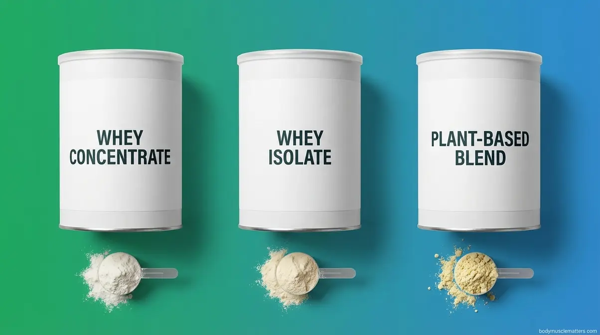 Three protein powder types compared side by side: whey concentrate, whey isolate, and plant-based protein blend