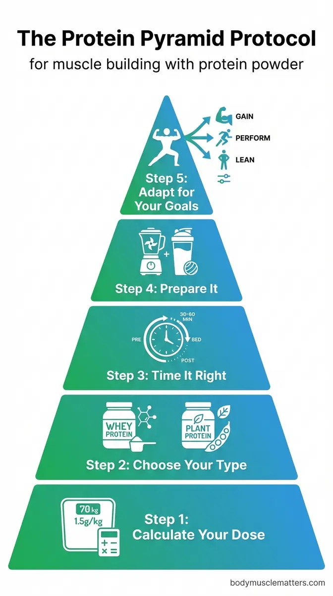 Five-step Protein Pyramid Protocol infographic for protein powder muscle building from dose to adaptation